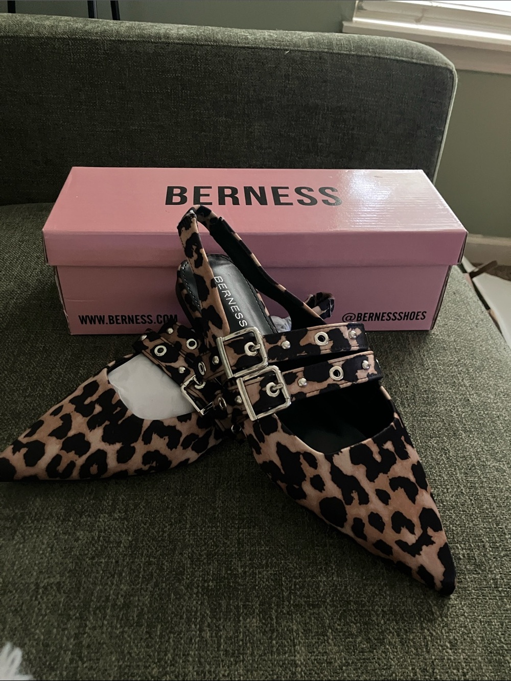 BERNESS Leopard-Print Pointed Toe Double-Buckle Flats - Brown/Black